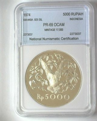 INDONESIA 1974 SILVER 5000 RUPIAH NEAR PERFECT PROOF DCAM 17,  000 MINTED 2