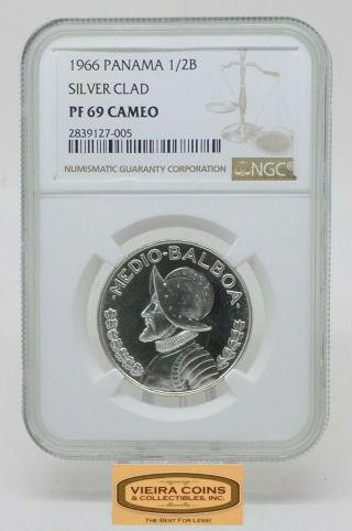 1966 Panama Silver 1/2 Balboa,  Ngc Pf 69 Cameo Silver Clad - B16976