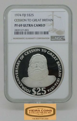 1974 Fiji Silver $25 Cession To Great Britain,  Ngc Pf 69 Ultra Cameo - B16971