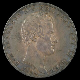 1844 P Italian States Sardinia Carlo Alberto 5 Lire Silver Coin