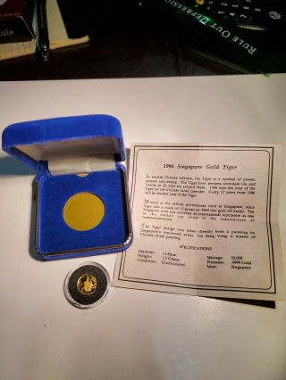 1986 Republic Of Singapore 5 Singold Proof 1/20oz Gold Tiger W/ Box And Papers