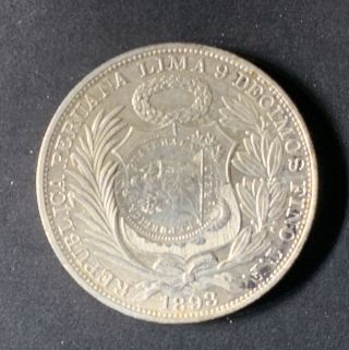 Guatemala Peso Coin - 1894 Counter Stamp On 1893 Peru Silver Sol Coin Km 224