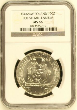 1966 Mw Poland Mieszko I Dabrowka 100 Zlotych Silver Coin Ngc Ms66 Cat Value 80