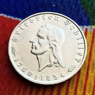 1934 F 2 Mark German Wwii Silver Coin Friedrich Von Schiller Third Reich