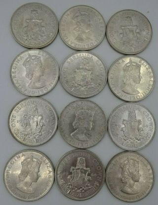12 X Bermuda One Crown Coins - 1964 Queen Elizabeth - Bermuda Crest - 50 Silver