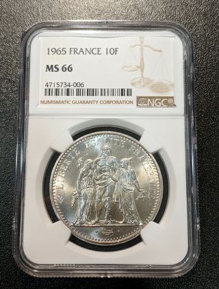 1965 Ms66 France Silver 10 Francs Ngc Km 932 Hercules First Year Type Unc