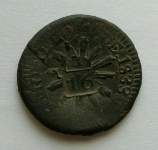 Mexico 1833 1/4 De Real Counterstamp 1/16 Hermosillo Copper Coin Scarce Km 364
