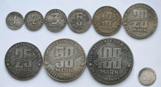 Set 10 Pс 1942 - 43 Lodz Ghetto 1,  2,  3,  5,  10,  20,  25,  50,  100 Stamps,  10 Pfennig Layout