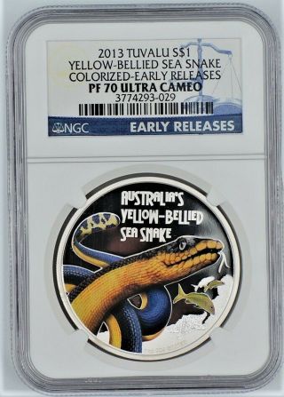 2013 Tuvalu $1 1oz Deadly And Dangerous Yellow - Bellied Sea Snake Ngc Pf70