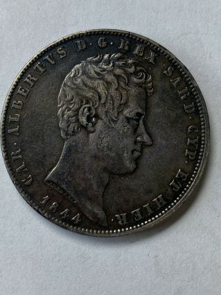 1844 P Italian States Sardinia Carlo Alberto 5 Lire Silver Coin