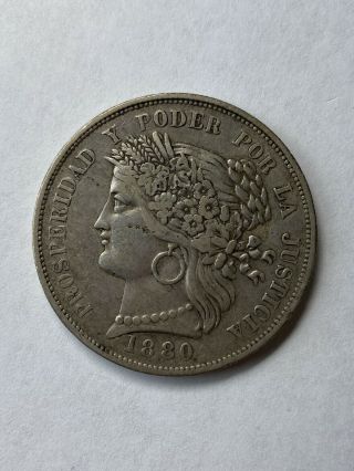 Peru Provisional Govt.  1880 5 Pesetas Silver Crown Rare One Year Type
