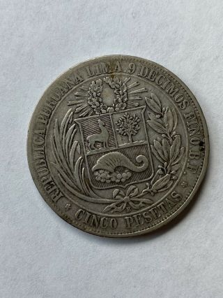 PERU PROVISIONAL GOVT.  1880 5 Pesetas Silver Crown Rare One Year Type 2