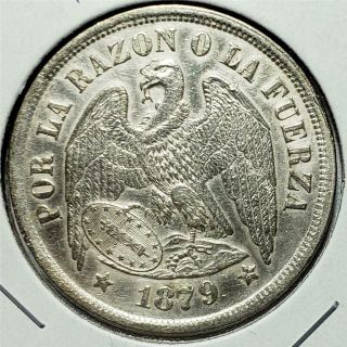 Chile,  Peso,  1879 So,  Almost Uncirculated,  Cleaned,  Condor, .  7234 Ounce Silver