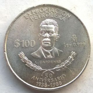 Mexico 1988 Oil Industry 100 Pesos 1oz Silver Coin,  Unc