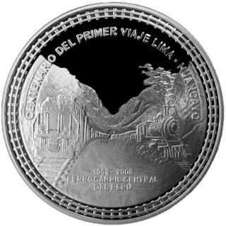 Unc Peru Silver Coin Of 1 Sol 100 Years Of " Lima A Huancayo Ferrocarril Central "