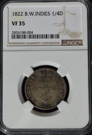 1822 British West Indies 1/4 Dollar,  NGC VF 35 3