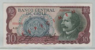 Chile Specimen Banknote 10 Escudos (1962 - 75) P - 142s Serie A21 Aunc,