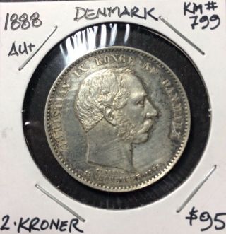 1888 Denmark 2 Kroner Only 101k mintage KM 799 AU 2