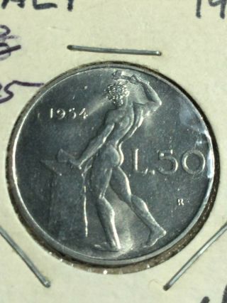 1954 Italy 50 Lire Unc 1st Year Coin Stainless Steel