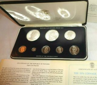 1976 Coinage Of The Republic Of Panama 8 Coin Proof Set Bu & Franklin Case