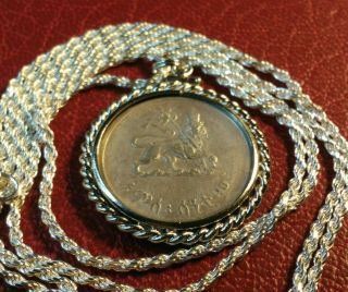 1944 Lion Of Judah Ethiopian Silver Coin Pendant & 24 " Italy Silver Rope Chain