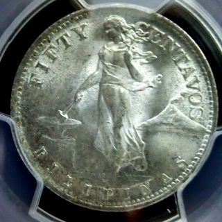 Pcgs Ms66 Secure - Philippines 1945s Female Standing Silver 50 Cents Gembu