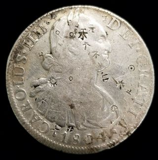 1804 Colonial Spanish 8 Reales Silver Coin Carolus Iiii Chinese Chop Marks F/vf