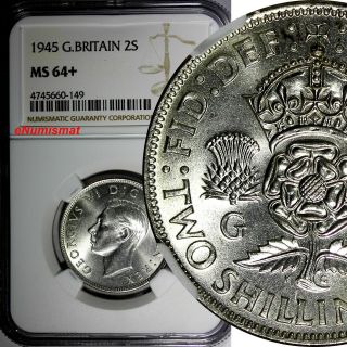 Great Britain George Vi Silver 1945 Florin,  2 Shillings Ngc Ms64,  Gem Bu Km 855