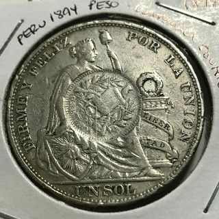 1894 Peru Silver Sol Crown Counter Stamped With Guatemala 1/2 Real
