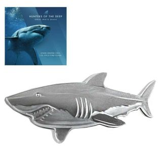 Great White Shark Hunters Of The Deep 1 Oz Silver Coin 2$ Solomon Islands 2019