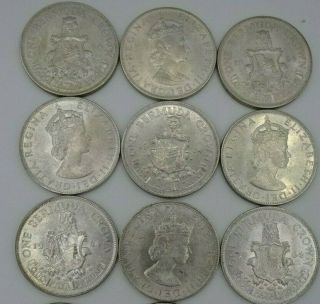 9 X Bermuda One Crown Coins - 1964 Queen Elizabeth - Bermuda Crest - 50 Silver
