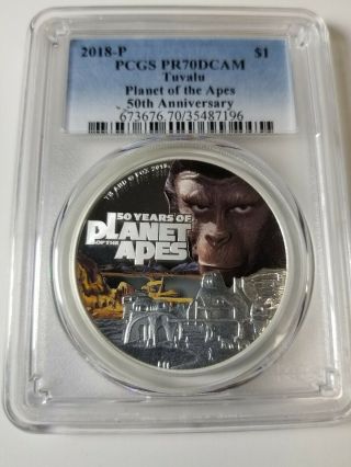 2018 - P $1 Tuvalu 50 Years Of Planet Of The Apes 1oz Silver Coin Pcgs Pr70dcam