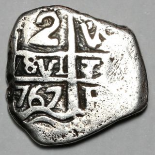 1767 P Charles Carlos Iii Bolivia Potosi Silver Cob 2 Two Reales Coin