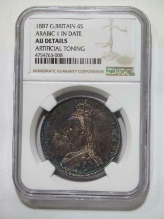 Great Britain 1887 4 Shillings Ngc Au - Det Toned World Coin