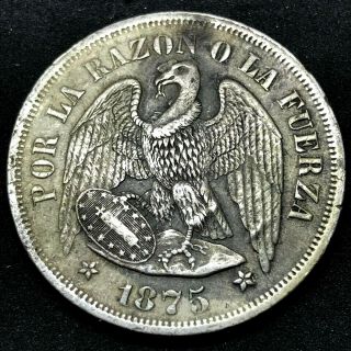 Republic Chile 1875 So (25 Gram) Un (1) Peso Silver Coin Au,  Km 142.  1.  4