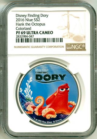 2016 Niue S$2 Disney Pixar Finding Dory Hank The Octopus Colorized Ngc Pf69 Uc
