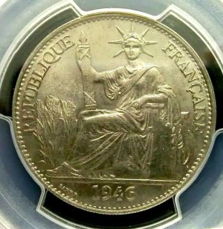 Pcgs Ms64 Secure - French Indo - China 1946 Liberty Seated 50 Cents Choice Bu Scarce