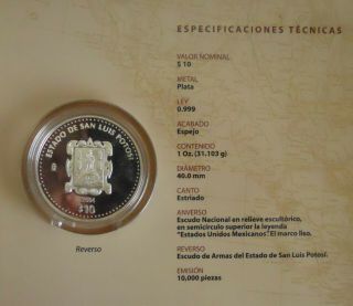 2004 Mexico $10 Pesos Silver Proof State Of San Luis Potosi,  First Series.