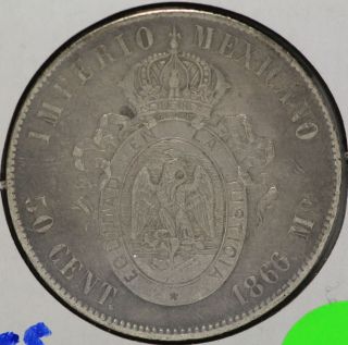 1866 Mo Mexico Empire Of Maximilian 50 Centavos.  903 Silver Coin Km 387 Lf615