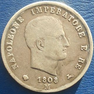 . 900 Silver 1808 M Italy 5 Lira Km 10 Kingdom Of Napoleon I Milan 725