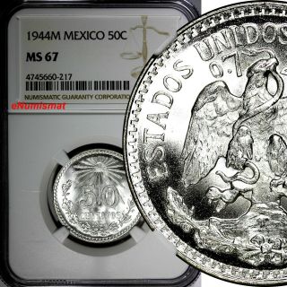 Mexico Estados Unidos Mexicanos Silver 1944 M 50 Centavos Ngc Ms67 Km 447