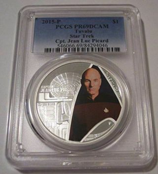 Tuvalu 2015 P 1 Ounce Silver Dollar Star Trek Captain Picard Pr69 Dcam Pcgs