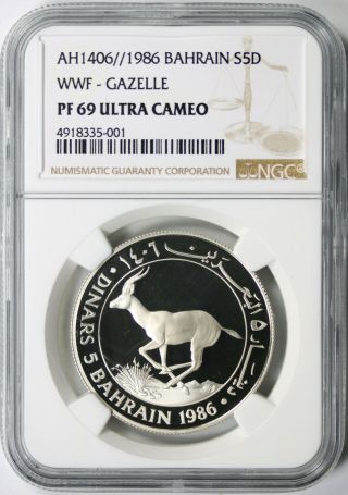 Ah1406 1986 Bahrain Silver 5 Dinars Wwf Gazelle Ngc Pf69ucam