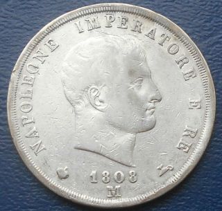 . 900 Silver 1808 M Italy 5 Lira Km 10 Kingdom Of Napoleon I Milan 739
