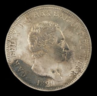 1829 P Italian States Sardinia Carlo Felice 5 Lire Silver Coin
