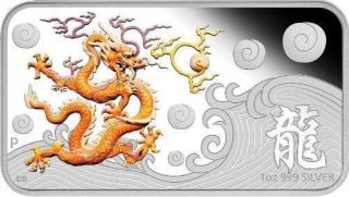 Cook Islands 2012 $1 Year Of The Dragon - Yellow 1oz Silver Proof Rectangle Coin