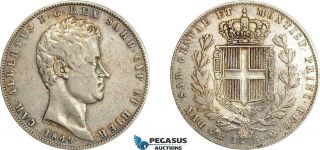 Ae042,  Italy,  Sardinia,  Carlo Alberto,  5 Lire 1849 - P,  Genoa,  Silver,  Vf