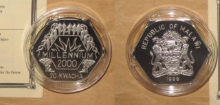 1999 Malawi Millennium $20 Kwacha Dollars Proof Silver Coin With