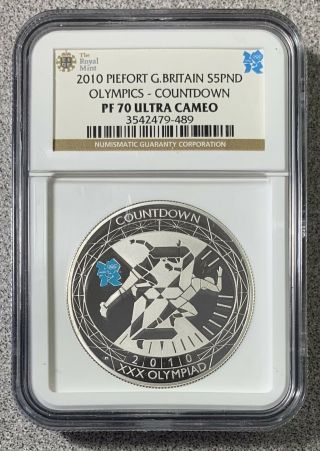 2010 Piefort Great Britain Silver 5 Pound Olympics Countdown Ngc Pf70