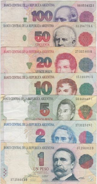 Argentina Banknote P339 - 45 Full Set 1 - 2 - 5 - 10 - 20 - 50 - 100 Pesos,  F - Vf